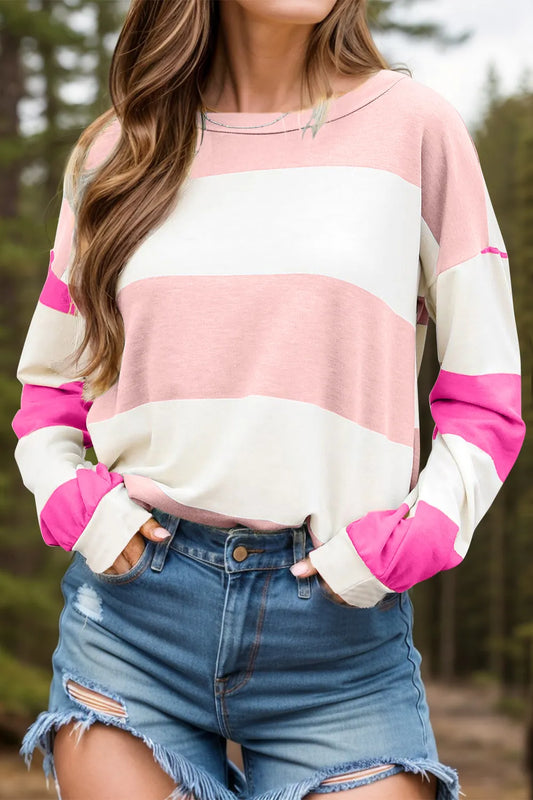Long-sleeve Contrast Color Block Long Sleeve Top | Striped Round Neck Pullover Blush Pink
