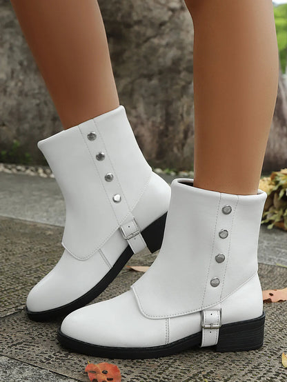 Boots Buckle Block Heels Boots | Women's Adjustable Strap Boots with Mid Heel White